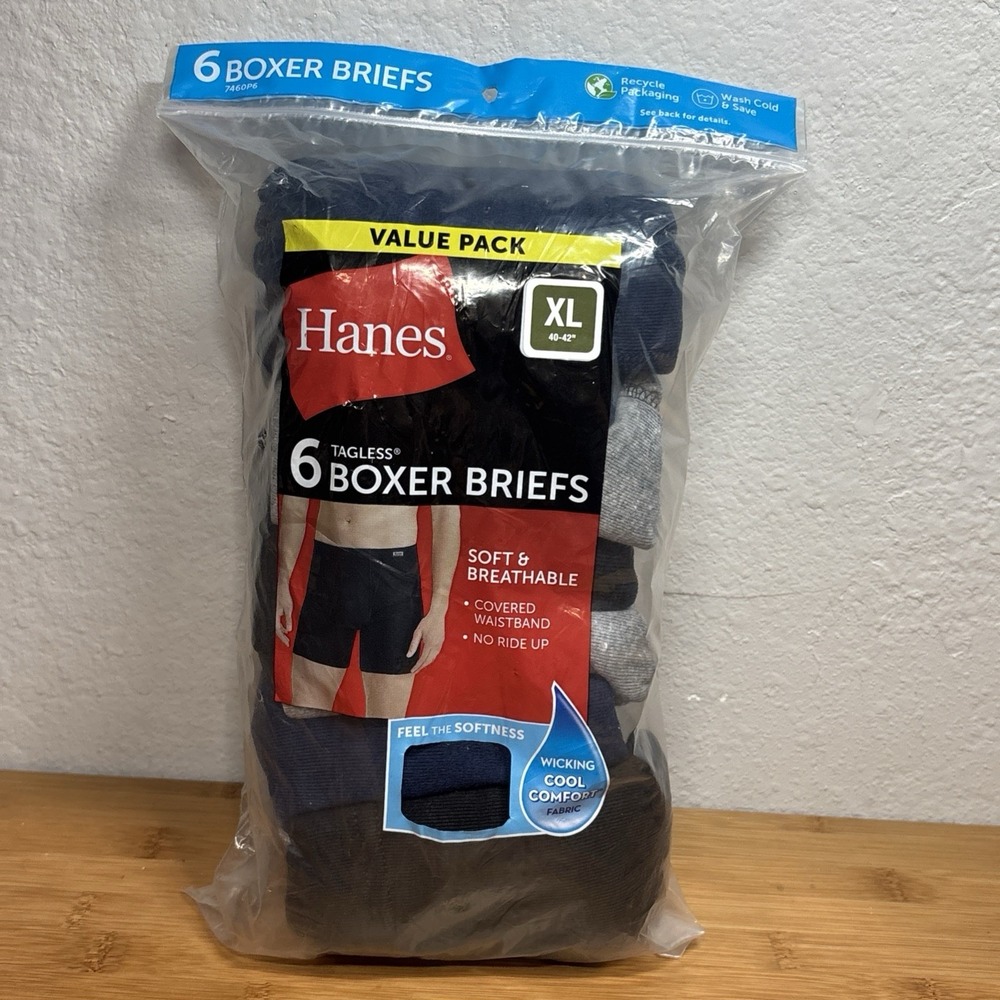 Hanes Men's Tagless Moisture Wicking Boxer Briefs 6 Pack XL Black/Gray/Navy